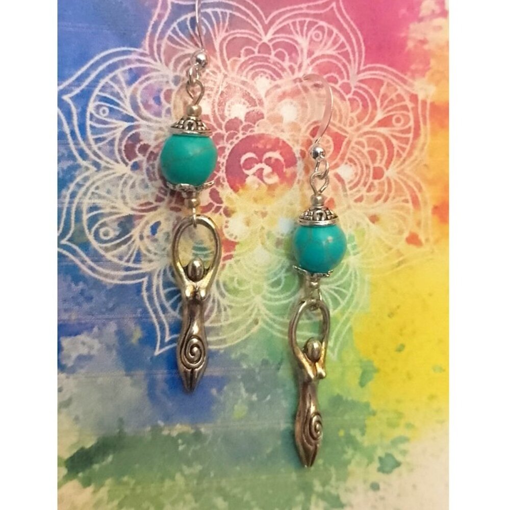 GODDESS EARRINGS, Magnesite Turquoise, Silvery Bali-Type Accents